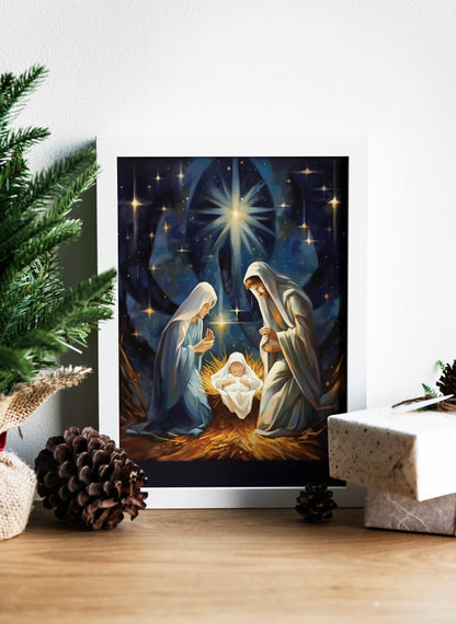 Christmas Nativity Birth of Jesus Art, Mary Joseph and Baby Jesus, Christian Christmas, Christmas Art Print