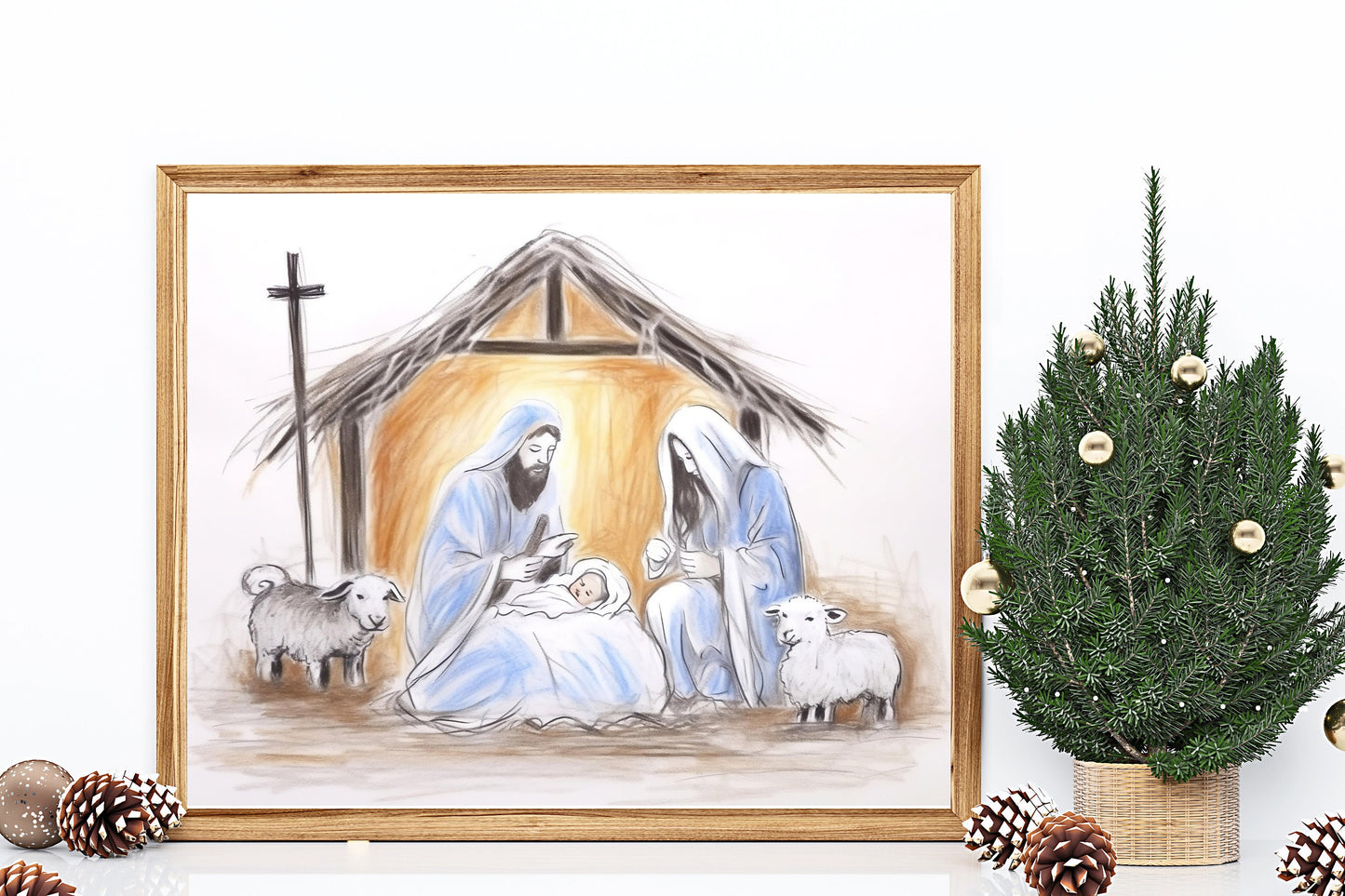 Christmas Nativity Birth of Jesus Art, Mary Joseph and Baby Jesus, Christian Christmas, Christmas Art Print