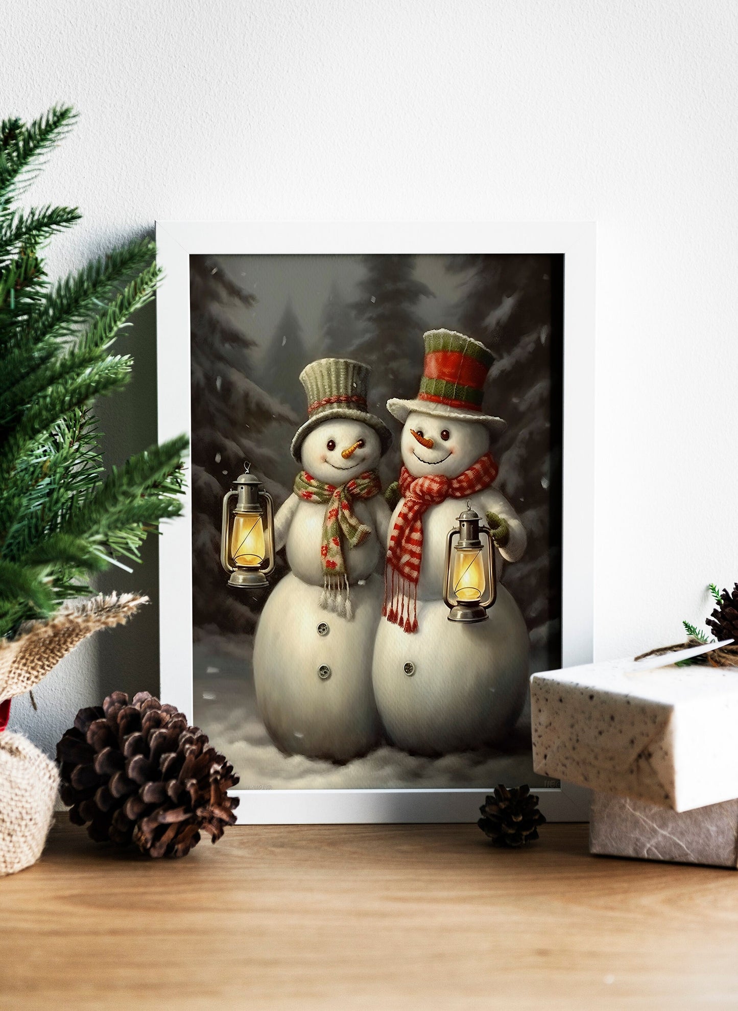 Snowmen Couple Illustration Art Print
