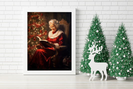 Vintage Christmas Mrs. Claus Reading Illustration Art Print, Vintage Christmas, Christmas Wall Decor, Christmas Wall Art