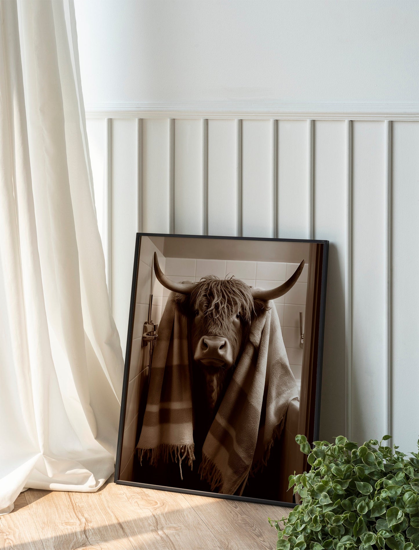 Funny Cattle With Scarf Bathroom Print, Funny Wall Art, Bathroom Decor, Bathroom Wall Art