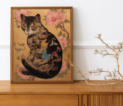 Cat With Plants And Butterflies Art Print