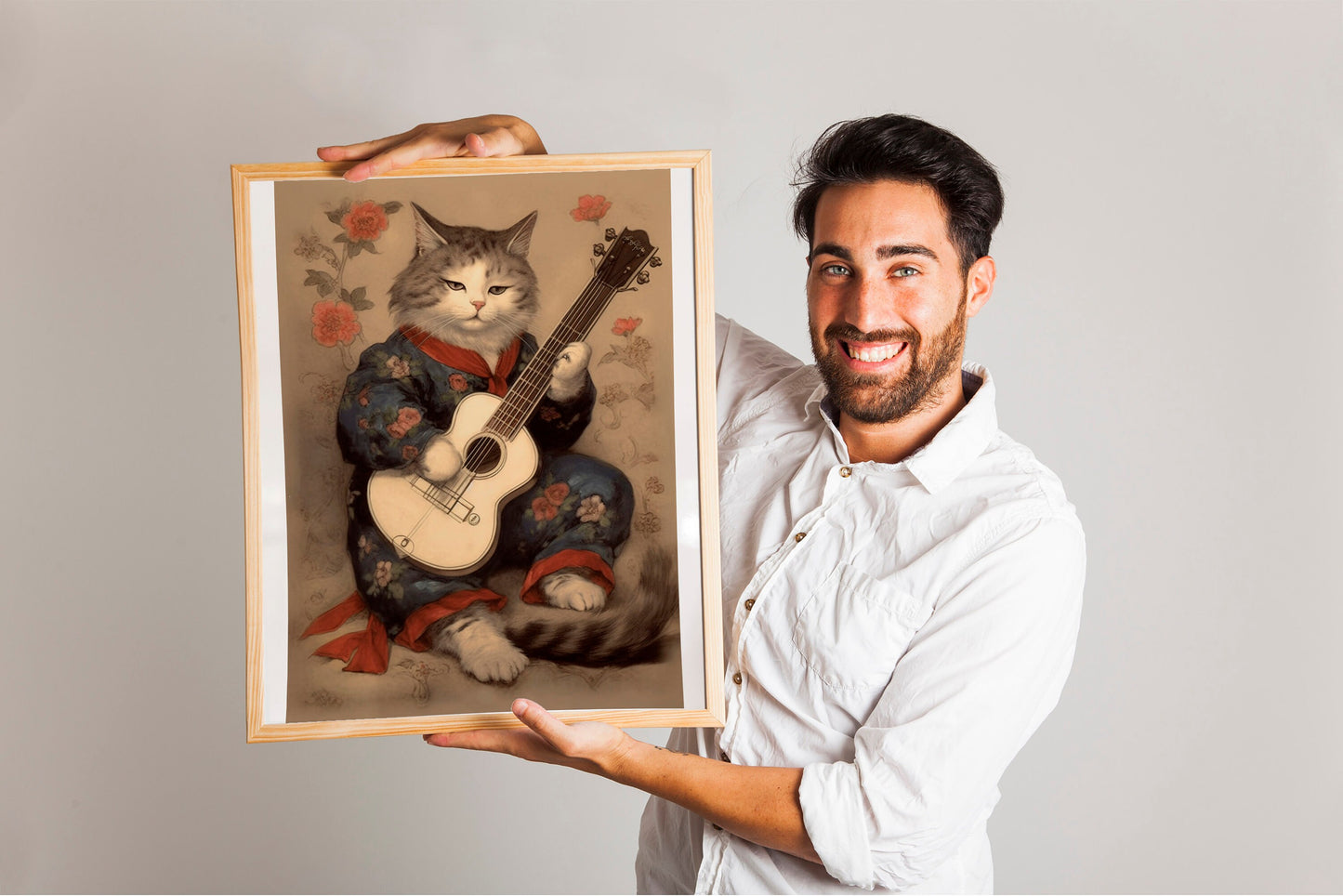 Funny Cat Playing Guitar With Plants Art Print