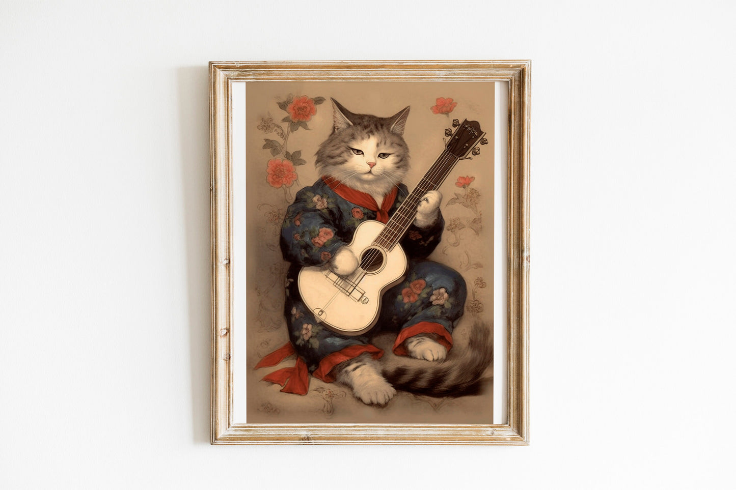 Funny Cat Playing Guitar With Plants Art Print