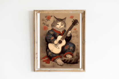 Funny Cat Playing Guitar With Plants Art Print