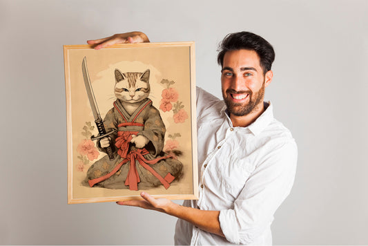 Funny Cat Holding Sword With Plants Art Print