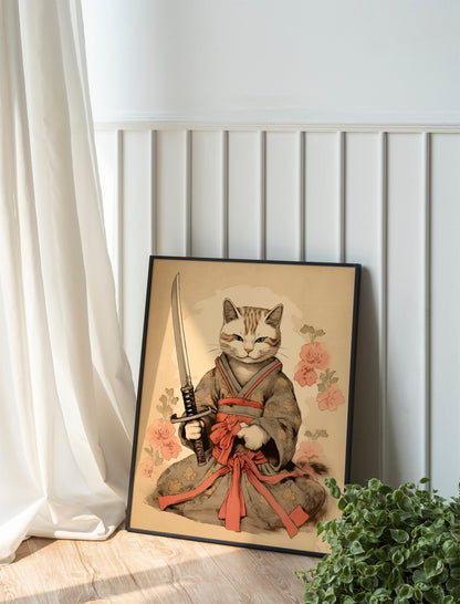 Funny Cat Holding Sword With Plants Art Print
