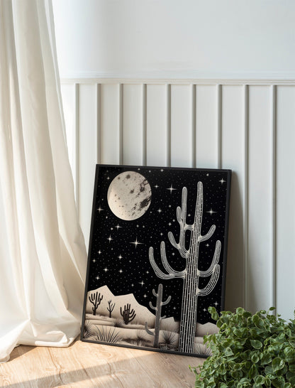 Moon Above Desert At Night with Stars Wall Decor Art Print