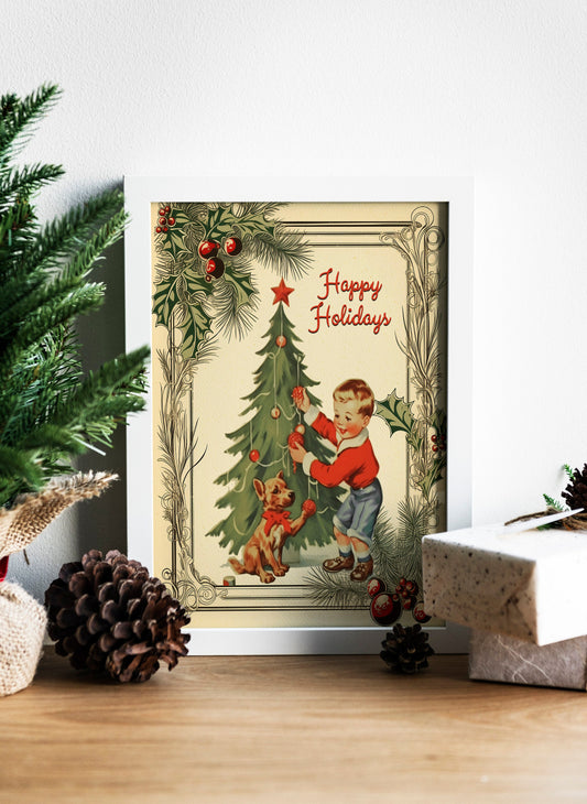 Christmas Little Boy With Dog Decorating Tree Art Print, Vintage Christmas, Vintage Illustrations, Merry Christmas, Christmas Decor