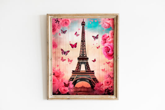 Paris Eiffel Tower Wall Art – Vintage Butterfly & Floral Print, Romantic Parisian Aesthetic, Shabby Chic Home Decor, French-Inspired Gift