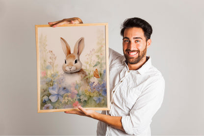 Happy Easter Bunny In The Grass Boho Art Print, Bunny Art, Easter Art, Wall Decor, Bunny Wall Decor, Easter Wall Decor