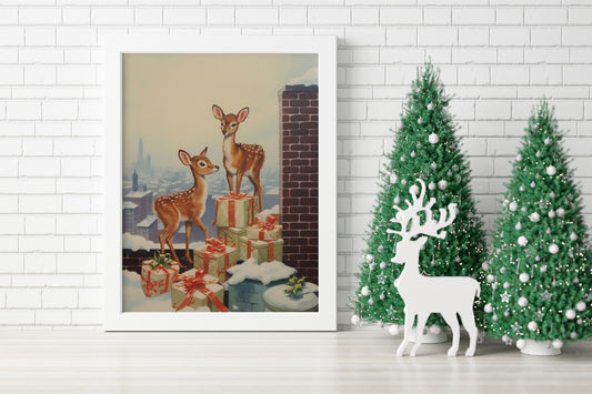 Three Deer In The Snow Illustration Art Print, Deers Art, Deers Boho Art, Animal Art, Colorful Art, Boho, Christmas Deers