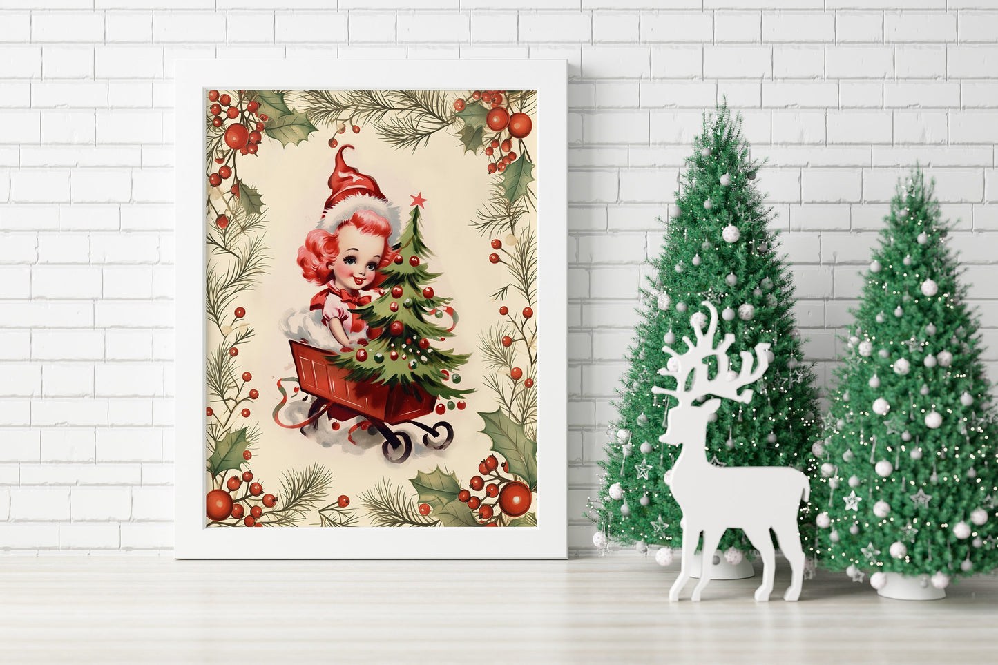Christmas Vintage Girl Carrying Christmas Tree Illustration Art Print, Vintage Christmas, Vintage Christmas Illustration, Christmas Art