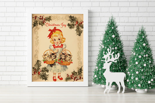 Vintage Christmas Little Girl Holding Kittens Illustration Art Print, Christmas Cat, Vintage Christmas, Christmas Wall Art, Christmas Kitten