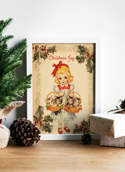 Vintage Christmas Little Girl Holding Kittens Illustration Art Print, Christmas Cat, Vintage Christmas, Christmas Wall Art, Christmas Kitten