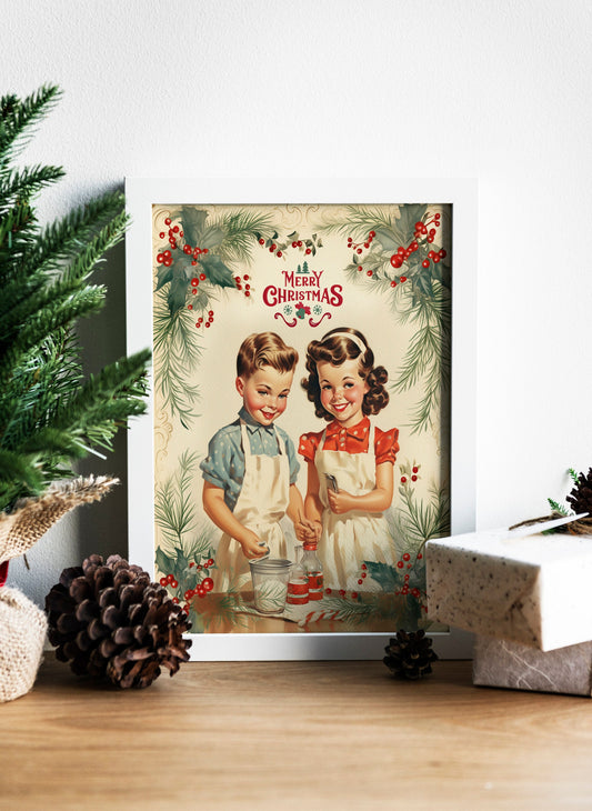 Christmas Children Baking Illustration Art Print, Vintage Christmas, Vintage Illustrations, Merry Christmas, Christmas Decor