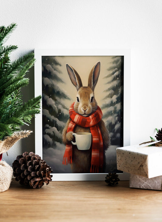 Funny Christmas Bunny Illustration Art Print, Bunny Art, Bunny Boho Art, Animal Art, Colorful Art, Boho, Christmas Bunny