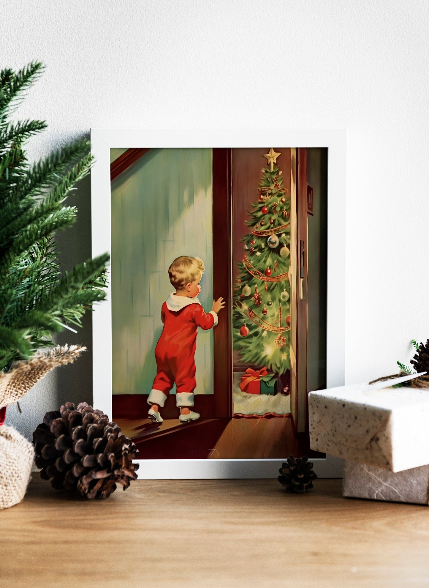 Christmas Vintage Little Boy And Christmas Tree Illustration Art Print, Vintage Christmas, Vintage Christmas Illustration, Christmas