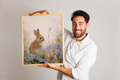 Happy Easter Bunny In The Grass Art Print, Bunny Art, Easter Art, Wall Decor, Bunny Wall Decor, Easter Wall Decor
