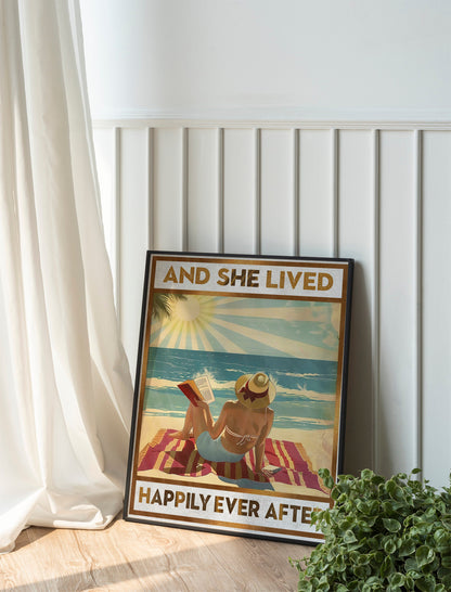 Woman Reading On Beach During Sunset Art Print, Happily Ever After