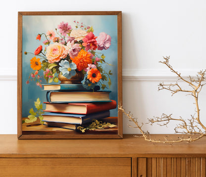 Vintage Flowers and Books Art Print, Vintage Flower Art, Vintage Garden Art, Flower Print, Butterfly Art, Book Art
