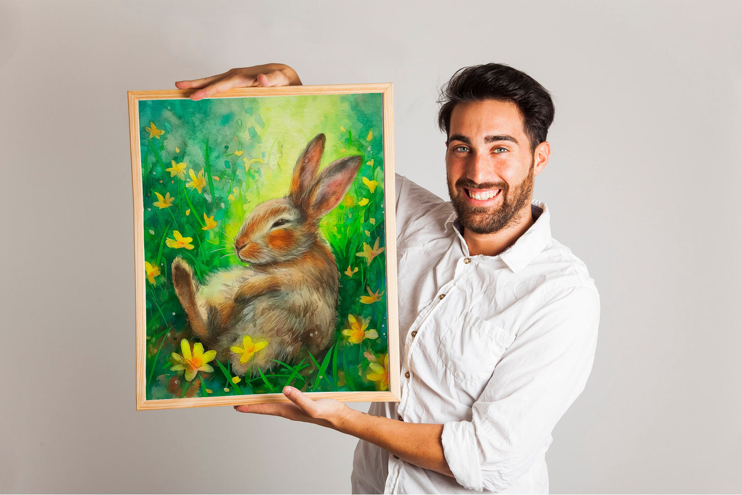 Happy Easter Bunny In The Grass Boho Art Print, Bunny Art, Easter Art, Wall Decor, Bunny Wall Decor, Easter Wall Decor