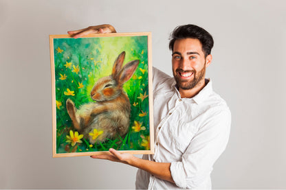Happy Easter Bunny In The Grass Boho Art Print, Bunny Art, Easter Art, Wall Decor, Bunny Wall Decor, Easter Wall Decor