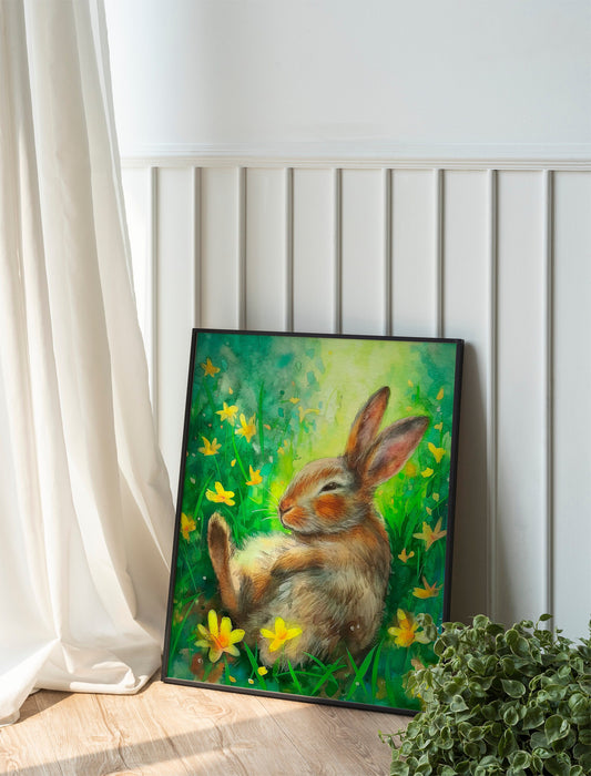 Happy Easter Bunny In The Grass Boho Art Print, Bunny Art, Easter Art, Wall Decor, Bunny Wall Decor, Easter Wall Decor
