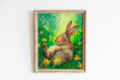 Happy Easter Bunny In The Grass Boho Art Print, Bunny Art, Easter Art, Wall Decor, Bunny Wall Decor, Easter Wall Decor