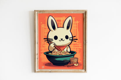 Bunny Eating Noodles Funny Wall Decor, Funny Wall Art, Kitchen Decor, Kitchen Wall Art, Humor Wall Art, Kitchen