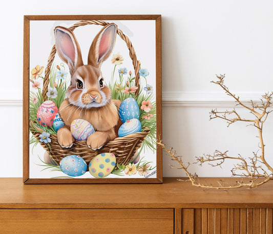 Happy Easter Bunny Colorful Eggs In Basket Boho Art Print, Bunny Art, Easter Art, Wall Decor, Bunny Wall Decor, Easter Wall Decor