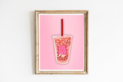 Pink Boba Girl Power Cute Illustration Art Print
