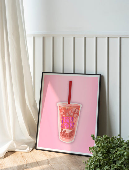 Pink Boba Girl Power Cute Illustration Art Print