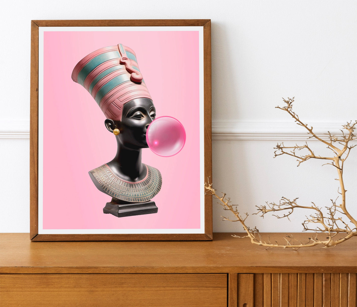 Nefertiti Art Print, Woman Blowing Bubble, Maximalist, Woman Art, Old Painting Art Print, Bubblegum Art, Pink Art, Egyptian