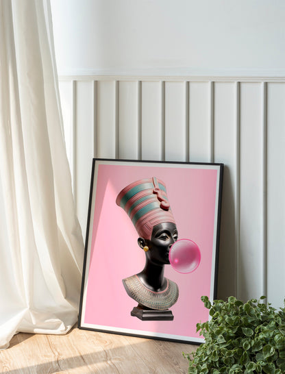 Nefertiti Art Print, Woman Blowing Bubble, Maximalist, Woman Art, Old Painting Art Print, Bubblegum Art, Pink Art, Egyptian