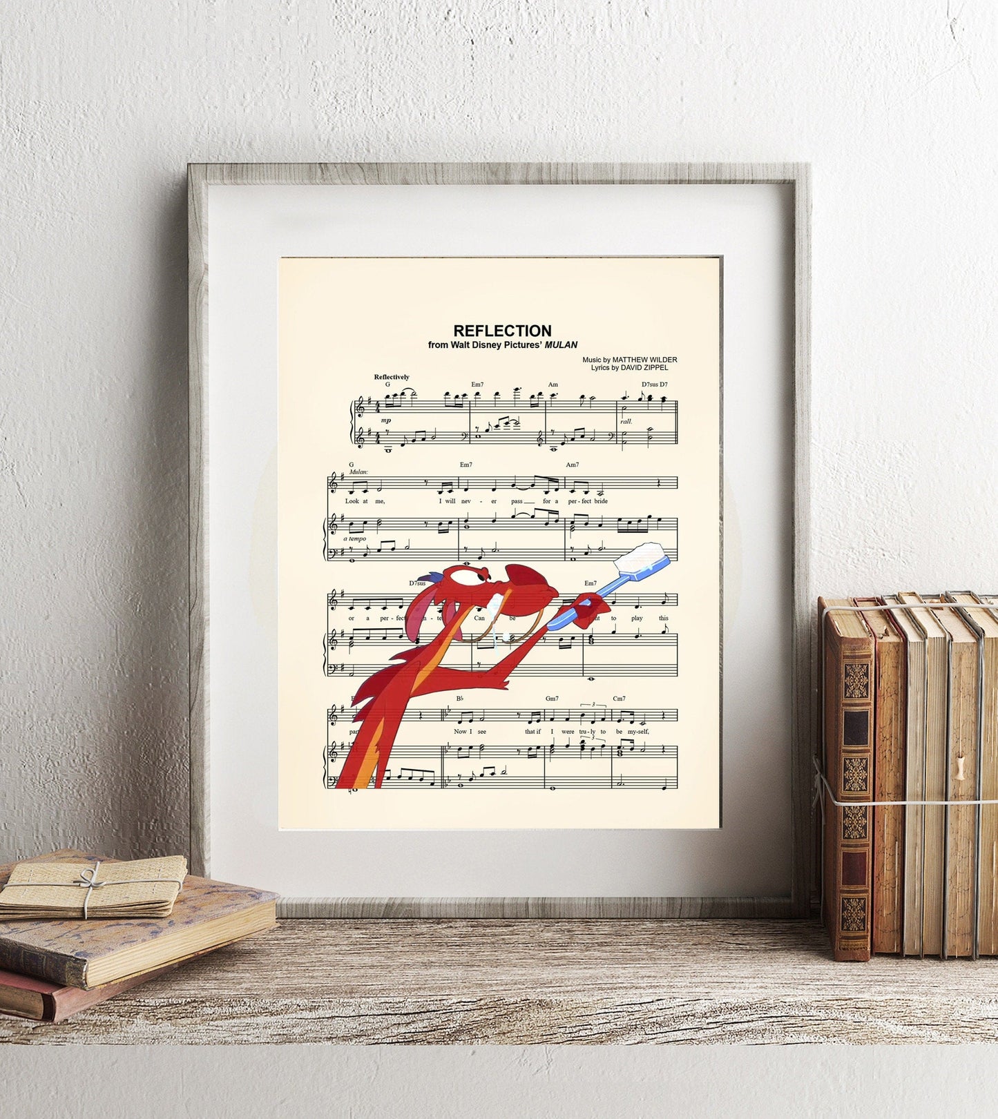 Mulan Mushu Brushing Teeth Reflection Disney Sheet Music Wall Art — Disney Gift for Music Lovers