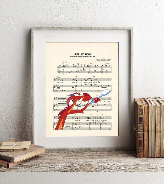 Mulan Mushu Brushing Teeth Reflection Disney Sheet Music Wall Art — Disney Gift for Music Lovers