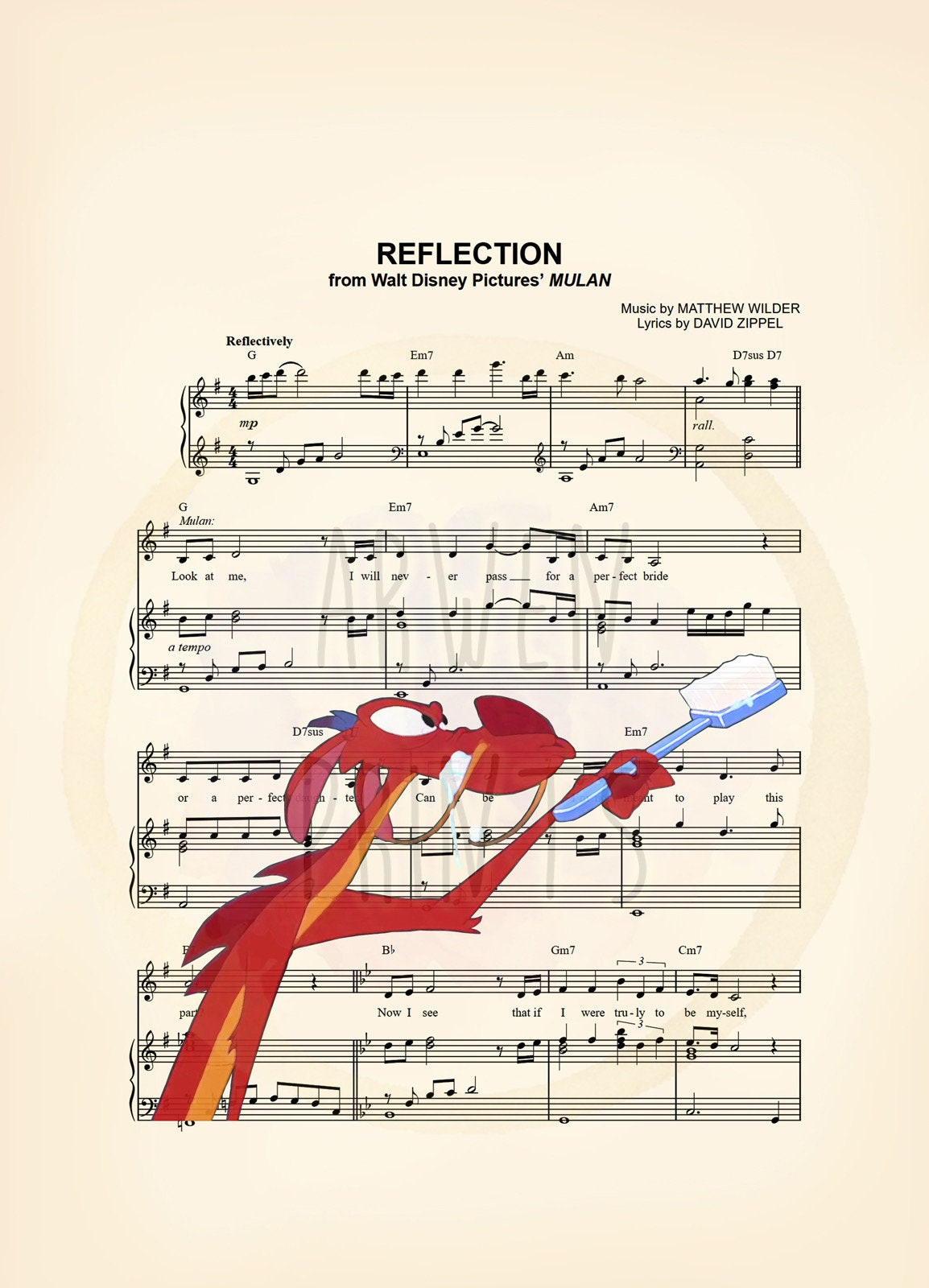 Mulan Mushu Brushing Teeth Reflection Disney Sheet Music Wall Art — Disney Gift for Music Lovers