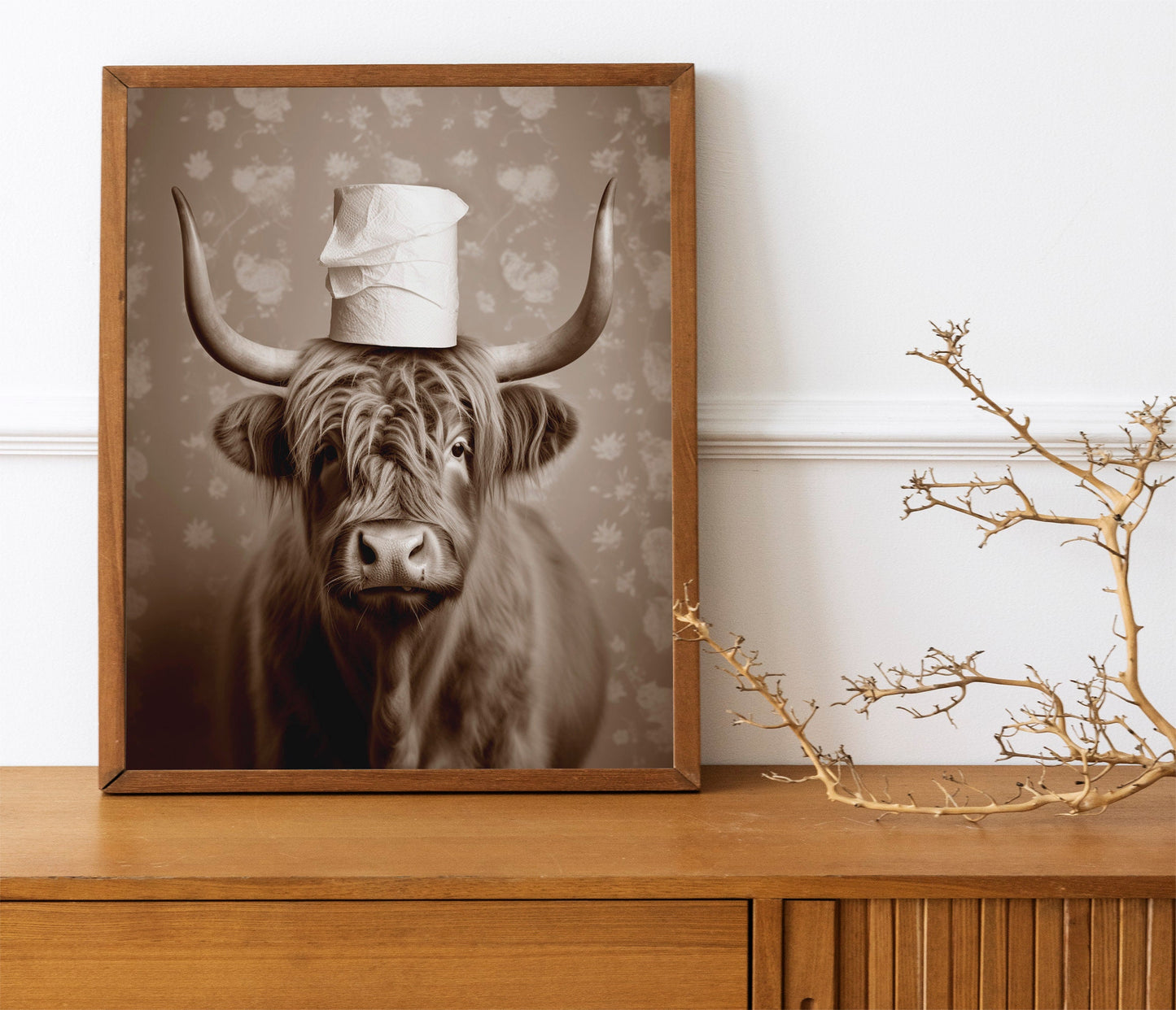 Funny Cattle With Toilet Paper Bathroom Print, Funny Wall Art, Bathroom Decor, Bathroom Wall Art