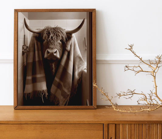 Funny Cattle With Scarf Bathroom Print, Funny Wall Art, Bathroom Decor, Bathroom Wall Art