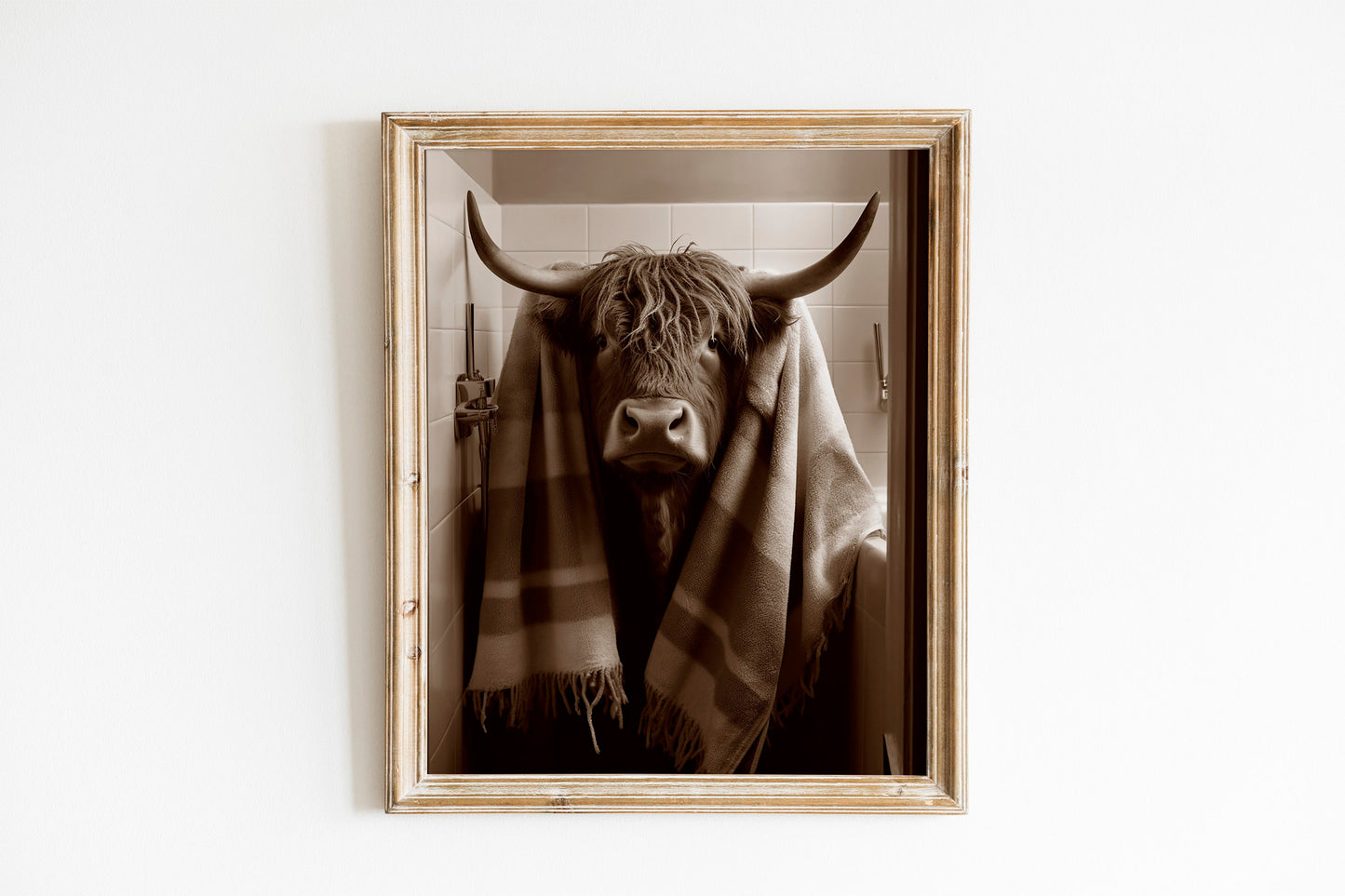 Funny Cattle With Scarf Bathroom Print, Funny Wall Art, Bathroom Decor, Bathroom Wall Art