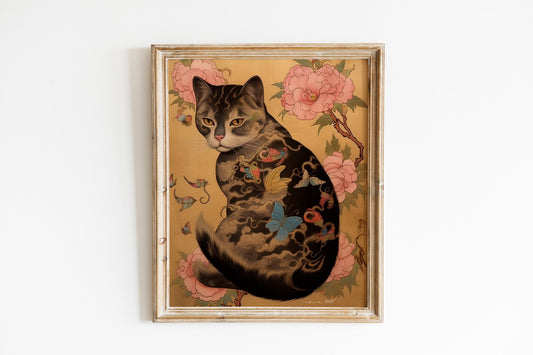 Cat With Plants And Butterflies Art Print