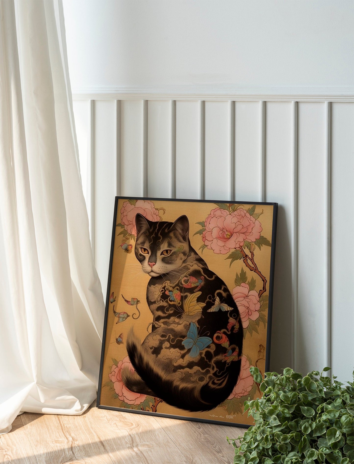 Cat With Plants And Butterflies Art Print
