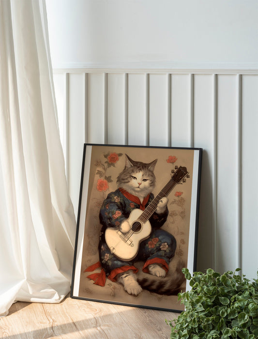 Funny Cat Playing Guitar With Plants Art Print