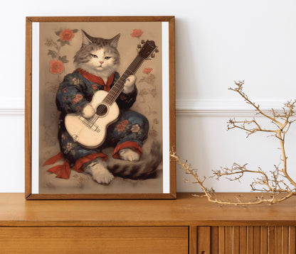 Funny Cat Playing Guitar With Plants Art Print
