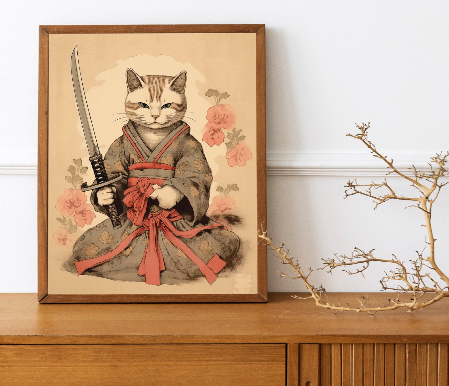 Funny Cat Holding Sword With Plants Art Print