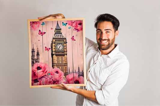Vintage Clock Tower Wall Art, Butterfly & Floral Aesthetic Print, Romantic Big Ben Illustration, Timeless Home Decor, Shabby Chic Wall Art