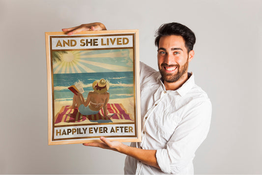 Woman Reading On Beach During Sunset Art Print, Happily Ever After