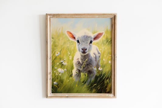 Happy Easter Lamb In Grass Art Print, Lamb Art, Easter Art, Wall Decor, Lamb Wall Decor, Easter Wall Decor