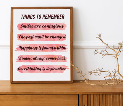 Things To Remember Pink Motivational Art, Wall Art, Inspirational, Positive Art Print